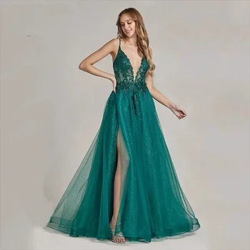 Элегантное вечернее платье с глубоким V-образным вырезом, сексуальная итальянская бретелька через плечо, блестящая юбка, деколь А-силуэта, официальное вечернее платье