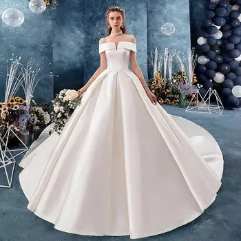 Элегантное женское свадебное платье из белого атласа без бретелек, платья невесты со шлейфом в стиле собора, изысканное и романтическое бальное платье, сшитое на заказ
