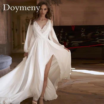 Элегантное Шифоновое свадебное платье Doymeny с длинным рукавом, расшитое блестками, с V-образным вырезом, без спинки, с высоким разрезом, со шлейфом, Robe De Mariee