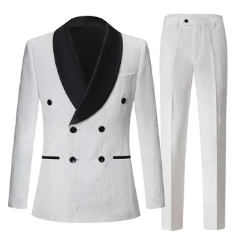 Элегантный жаккардовый мужской костюм, Белое двубортное свадебное платье, приталенный жакет, комплект из 2 предметов, Деловой банкетный мужской блейзер и брюки.